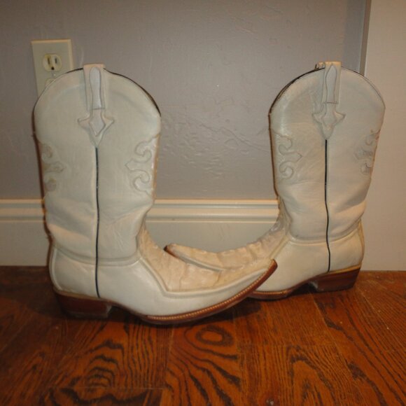 VERETTA Men\'s White Leather & Canvas Pointed Toe Western Boots Size 8 main image 5